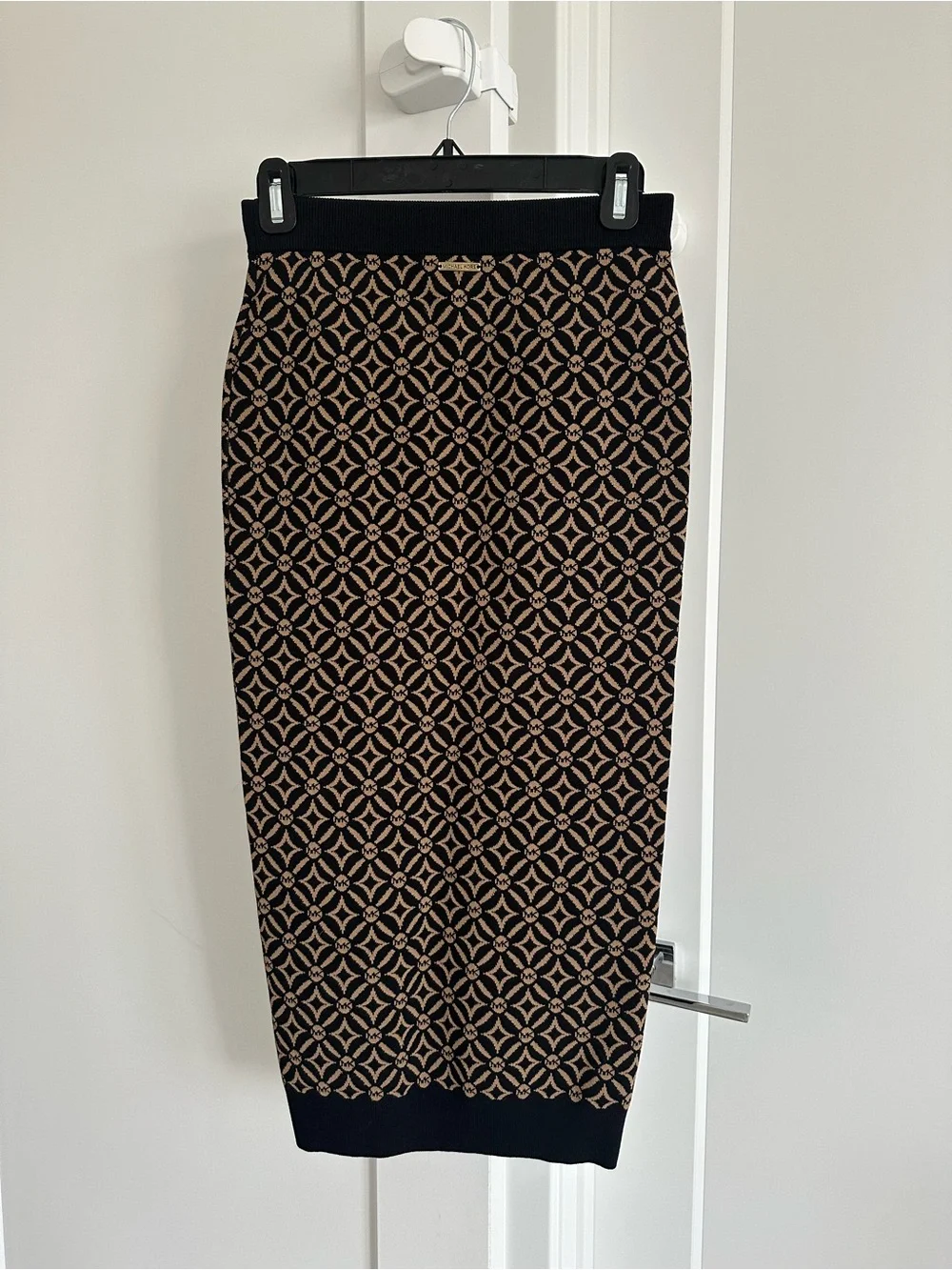 Michael Kors Black and Beige Geometric Knit Midi Skirt